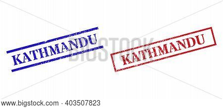 Grunge Kathmandu Rubber Stamps In Red And Blue Colors. Stamps Have Rubber Surface. Vector Rubber Imi