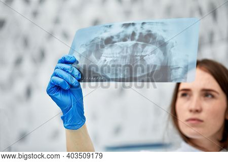 Picture Of Female Doctor Or Dentist Looking At X-ray