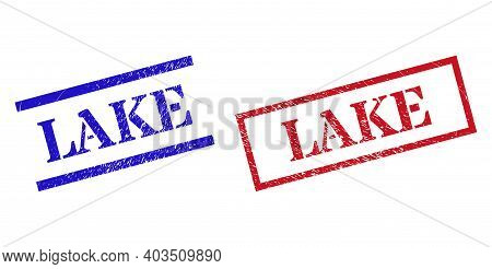 Grunge Lake Stamp Seals In Red And Blue Colors. Seals Have Rubber Style. Vector Rubber Imitations Wi