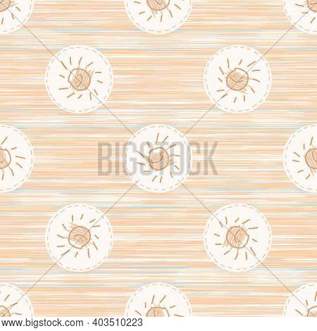 Cute Crayon Sun Scribble Kid Doodle Background. Hand Drawn Earthy Whimsical Motif Seamless Pattern. 