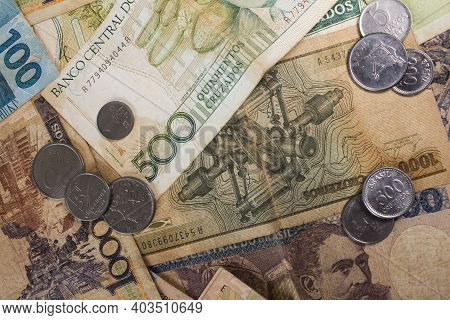 Former Currencies Of Brazil. There Are Five Hundred Cruzados And One Thousand Cruzeiros Notes And Mo