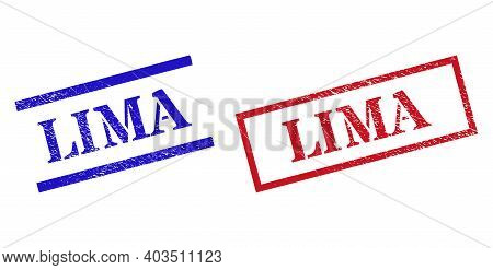 Grunge Lima Rubber Stamps In Red And Blue Colors. Stamps Have Distress Style. Vector Rubber Imitatio