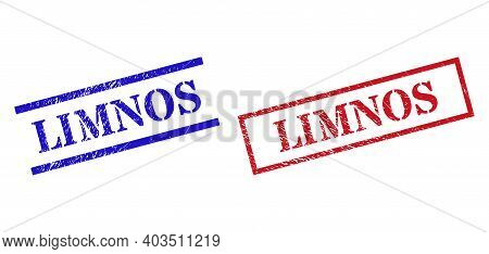 Grunge Limnos Rubber Stamps In Red And Blue Colors. Stamps Have Draft Style. Vector Rubber Imitation