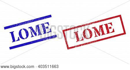 Grunge Lome Rubber Stamps In Red And Blue Colors. Stamps Have Rubber Surface. Vector Rubber Imitatio