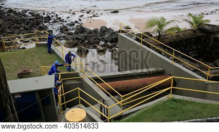 Salvador, Bahia, Brazil - January 15, 2021: Workers From Empresa Baiana De Saneamento - Embasa, Are 