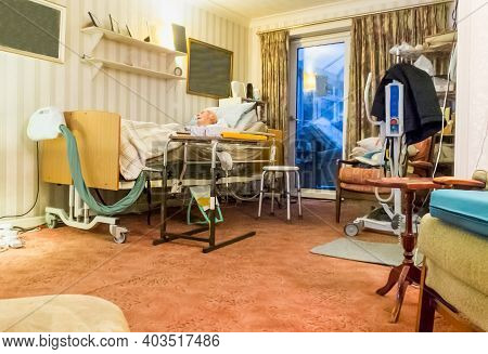 Elderly,frail Bed Ridden Man At His Home Living Room,hampshire,england U.k.