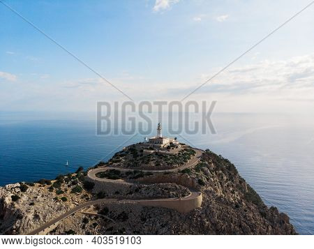 Aerial Panorama Of Cap De Formentor Lighthouse Building Winding Road Street Cliff Coast Mallorca Bal