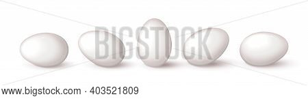 Set Of Realistic White Eggs On White Background. Realistic Eggs In Different Positions. Vector Illus