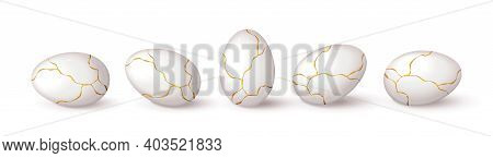 Set Of Realistic White Eggs With Gold Liquid. Realistic White Eggs In Different Positions. Vector Il