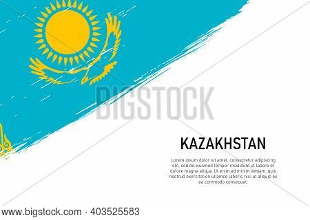 Grunge Styled Brush Stroke Background With Flag Of Kazakhstan. Template For Banner Or Poster.