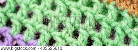 Panoramic Wool Pattern. Multi Colored Wool Thread Yarn Background Texture