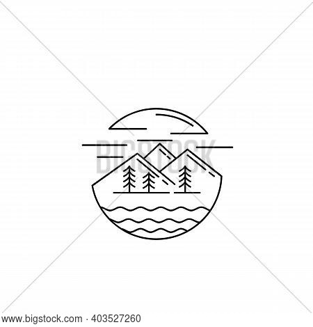 Landscape Mountain Peaks And Graphic Elements. Line Art Adventure Logo Design