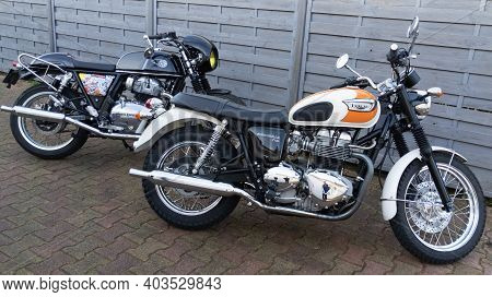 Bordeaux , Aquitaine  France - 01 10 2021 : Triumph T100 Bonneville And Royal Enfield Gt Interceptor
