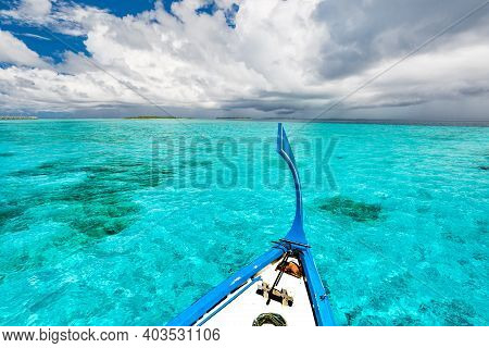 Inspirational Maldives Beach Design. Maldives Traditional Boat Dhoni And Perfect Blue Sea With Lagoo