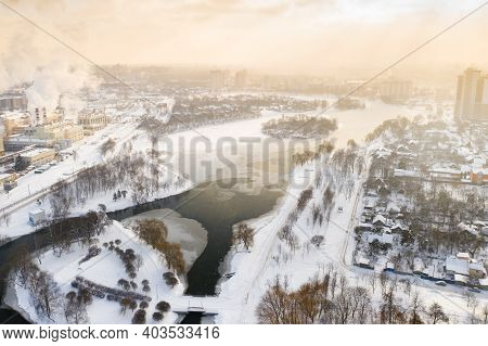 Winter River Svisloch In The Center Of Minsk. Belarus