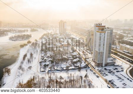Winter River Svisloch In The Center Of Minsk. Belarus