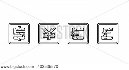 Set Of Digital Currency Icons Usa Dollar, Yuan, Euro And Pound Sterling On Isolated White Background