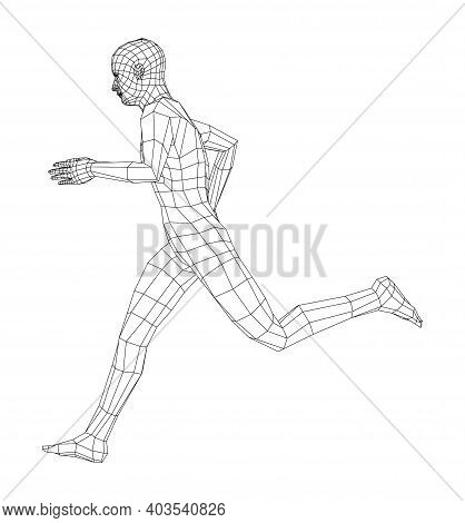 Wireframe Running Man. Vector 3d Rendering. Man In Running Pose