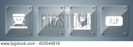 Set Speech Bubble Rip Death, Coffin In Grave, Metallic Nails And Coffin. Square Glass Panels. Vector