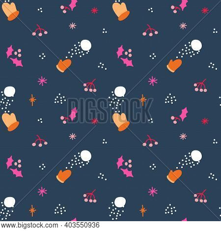 Winter Seamless Pattern With Mittens And Snowballs. Vector Illustration.
