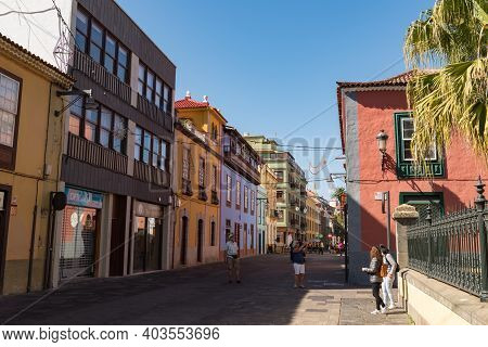 San Cristobal De La Laguna, Spain - January 16, 2020: Pedestrian Street In San Cristobal De La Lagun
