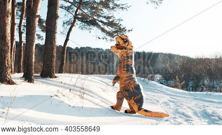 Dinosaur Tirex Is Climbing A Mountain In Winter On A Sunny Day