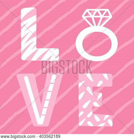 Postacard Woth Love Sign In Pink White Colors. Good For Valentine Day, Romantic Love Postcards. Vect