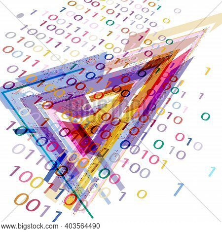 Binary Code And Geometric Shapes Of Different Colors On White Background