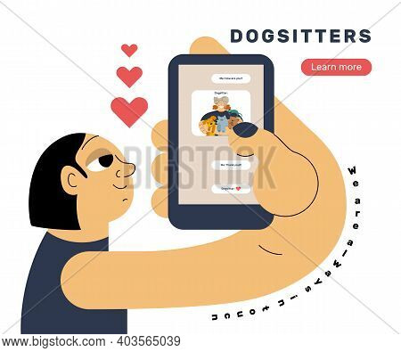 The Girl Holds A Smartphone In Her Hand And Looks At The Chat Screen With The Dogsitter.