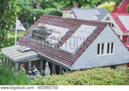 Billund, Denmark, July 2018: Solar Panels On The Roof Of A Toy House In Legoland