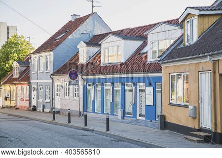 Viborg, Denmark, July 2018: Small Colorful Scandinavian Houses In Denmark