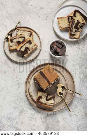 Sweet Marble Cake With Chocolate On The Light Background, Top Down View Imgae