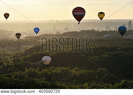 Vilnius, Lithuania - August 11 2016: Hot Air Balloons Above Vilnius City On August 11, 2016 In Vilni