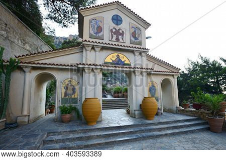 Crete- August 09: Gate To Monastery Of St. George Selinari On August 08, 2014 At Crete Island, Greec