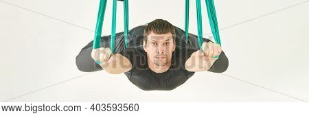 Male Person Do Hammock Yoga Class Exercise. Meditation In Air Calm. Aero Beginner Studio Workout. Ma