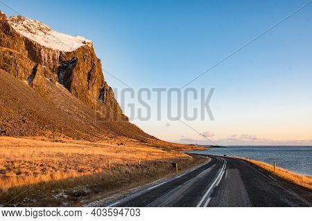Road Along Mountain Eystrahorn In East Iceland
