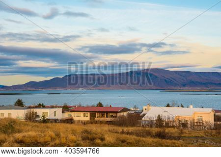 View Towards Esjan From Town Of Seltjarnarnes In City Of Reykjavik In Iceland