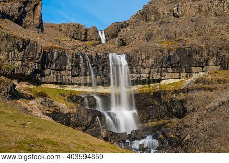 Waterfall Bergarfoss In Hornafjordur In South Icelandic Countryside