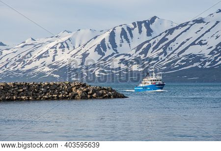 Arskogssandur Iceland - June 20. 2020: Ferry Saevar Arriving From Island Of Hrisey