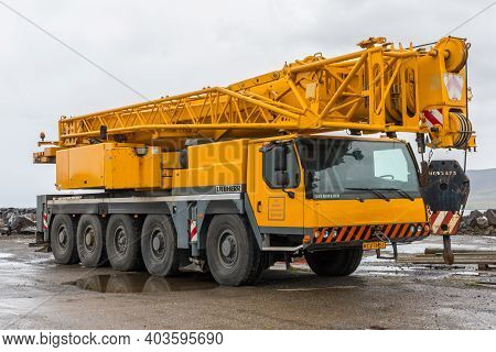 Grundarfjordur Iceland - June 22. 2020: Big Liebherr Crane