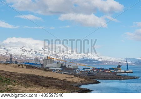 Reydarfjordur Iceland - May 21. 2020: The Alcoa Aluminium Plant Of Reydarfjordur In East Iceland