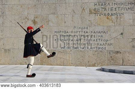 Athens, Greece - December 18,2019: Presidential Guard Soldier (evzones Or Evzonoi) Parades In Front 