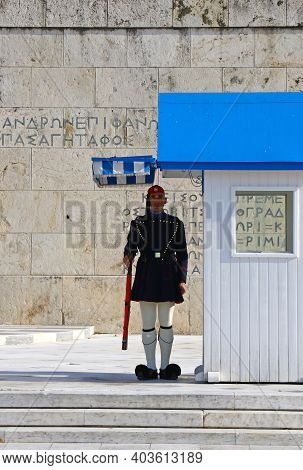 Athens, Greece - December 18,2019: Presidential Guard Soldier (evzones Or Evzonoi) Parades In Front 