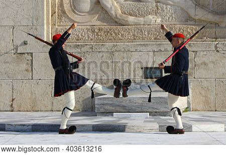 Athens, Greece - December 18,2019: Presidential Guard Soldiers (evzones Or Evzonoi) Parade In Front 