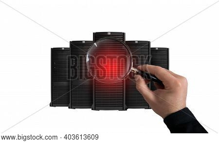 Hacker With Magnifier Lens Try To Read Illegally Protected Information Stored On Server