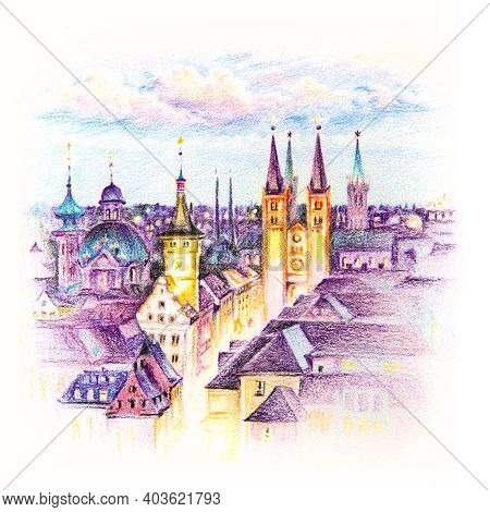 Coplored Pencils Sketch Of Alte Mainbrucke, Old Town Of Wurzburg, Franconia, Northern Bavaria, Germa