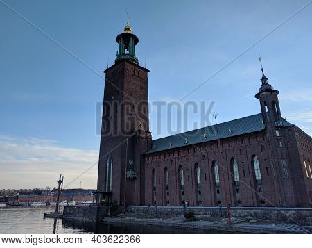 Stockholm, Sweden - April 19 2019: The View Of City Hall Or Stadshuset At Sunset Light On April 19 2