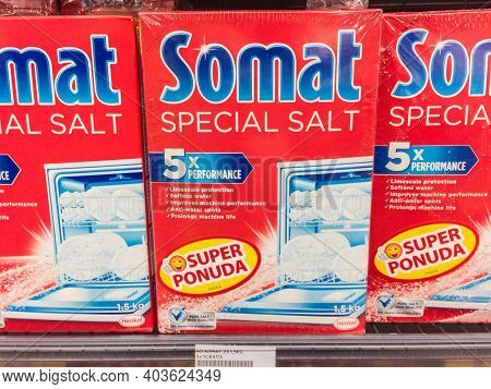 Belgrade, Serbia - January 10, 2021: Somat Logo On Boxes Of Dishawasher Cleaning Detergent Tablets F