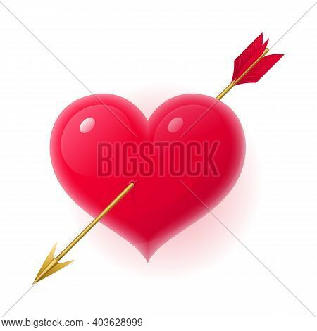 Red Realistic Heart Pierced With Arrow. Happy Valentines Day Object, Romantic Love Element. Holiday 