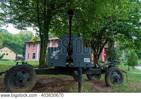 Orastie, Romania - September 12, 2015: Close-up Of An Soviet Antiaircraft Cannon, 37mm Caliber, Buil